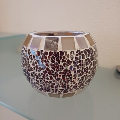 Crackle Teelichtglas rund beigemix/weinrot