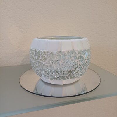 Crackle Teelichtglas rund weiß/transparent