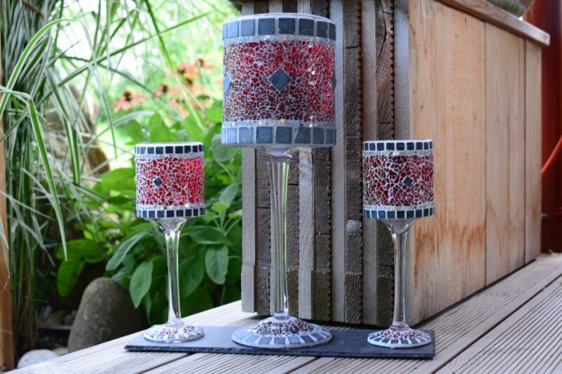 Mosaik Windlicht Rot/Grau/Silber – Bild 2