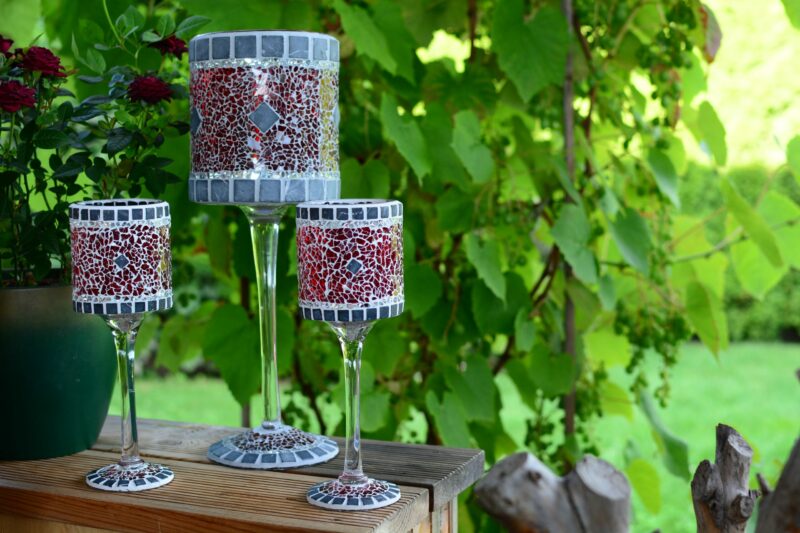 Mosaik Windlicht groß rot/silber/grau – Bild 3