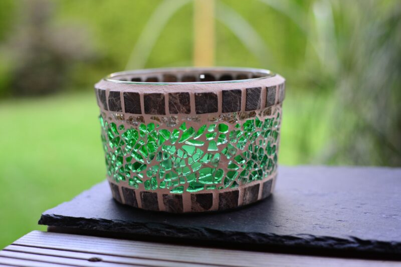 Mosaik Teelichtglas mittel grün/marmor/gold