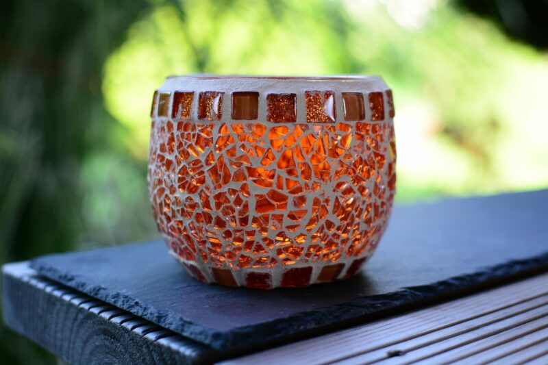 Crackle Teelichtglas orange/glitter