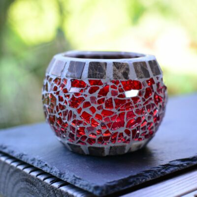 Mosaik Teelichtglas rund mini rot/marmor