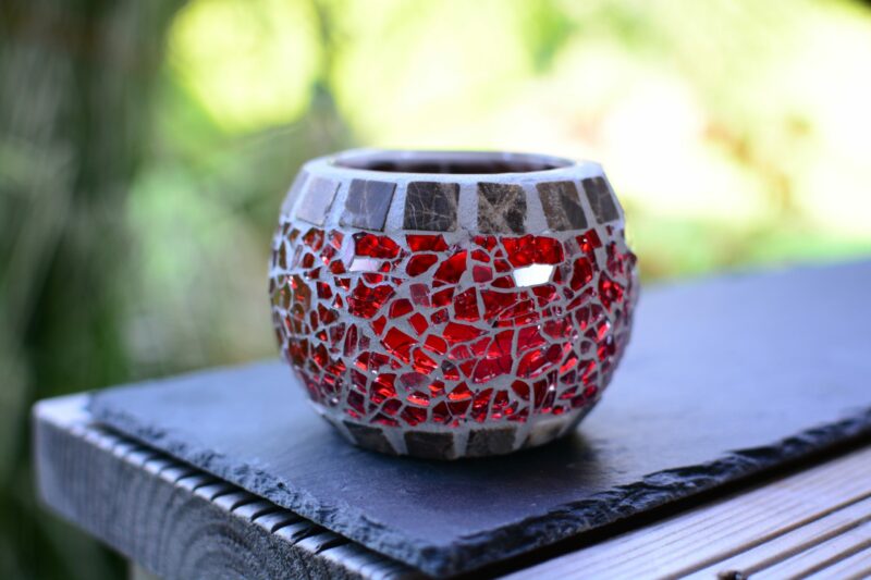 Mosaik Teelichtglas rund mini rot/marmor