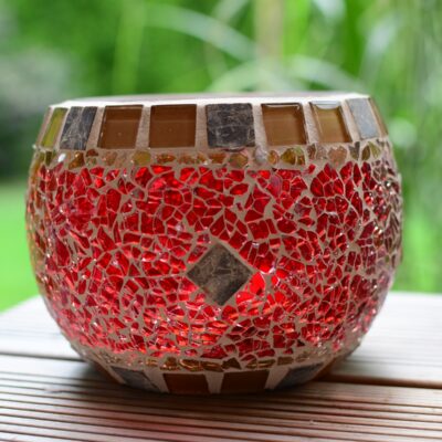 Windlicht rund rot/beige/marmor