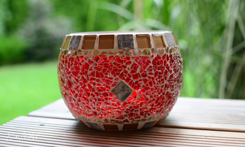 Windlicht rund rot/beige/marmor