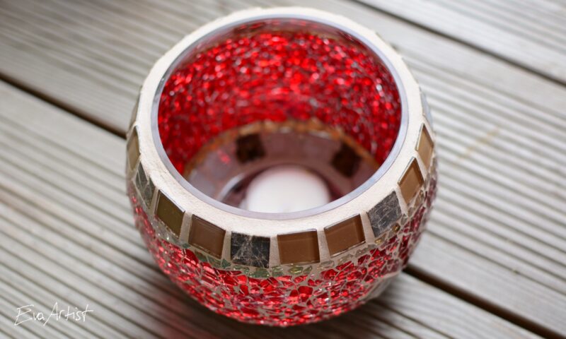 Windlicht rund rot/beige/marmor – Bild 2