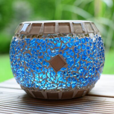 Windlicht rund blau/beige