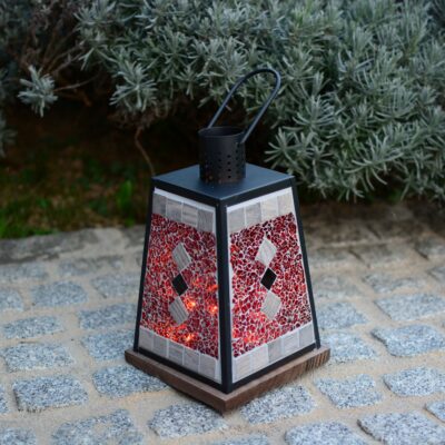 Mosaik Laterne Holz/Schwarz rot/grau