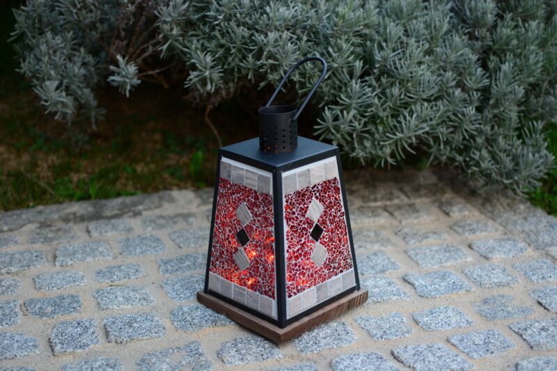Mosaik Laterne Holz/Schwarz rot/grau