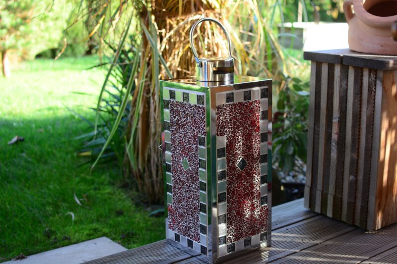 Mosaik Laterne Edelstahl rot/grau/silber