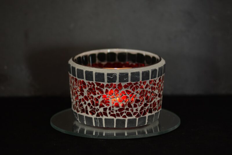 Mosaik Teelichtglas mittel rot/dunkelgrau