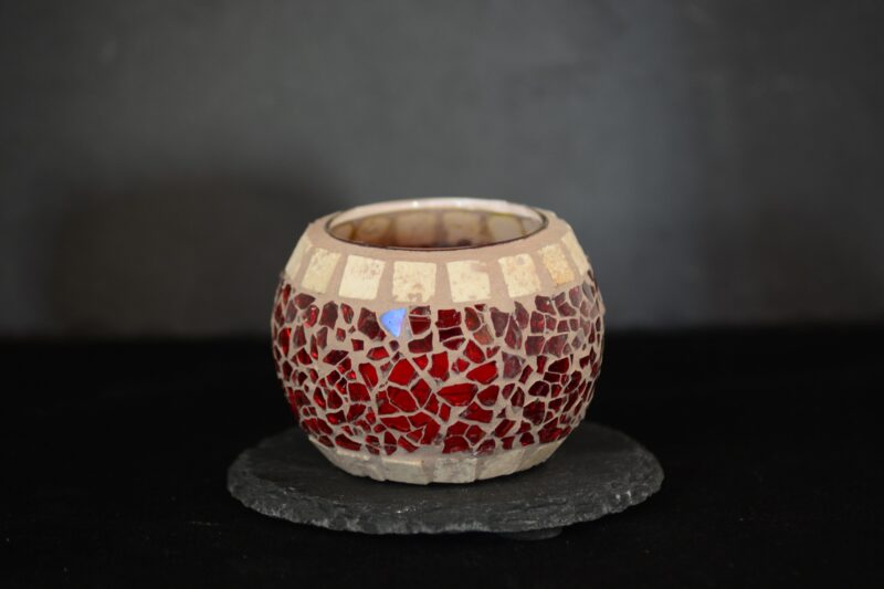 Mosaik Teelichtglas rund mini rot/marmor