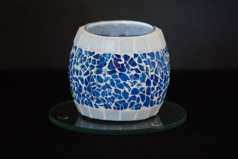 Mosaik Teelichtglas klein oval blau/weiß