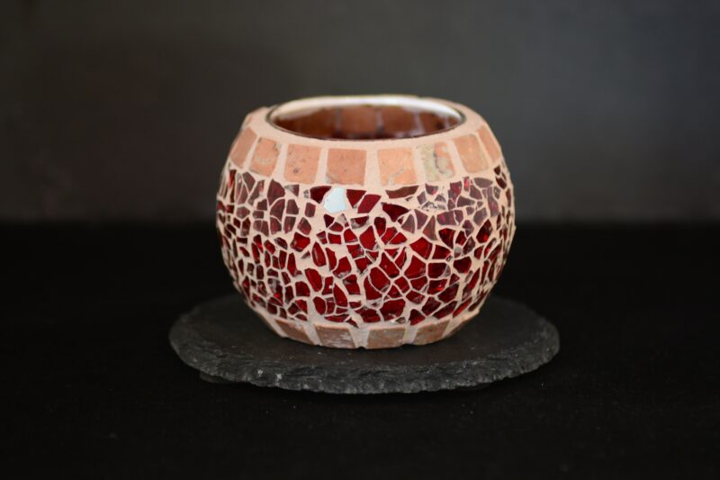 Mosaik Teelichtglas rund mini rot/marmor