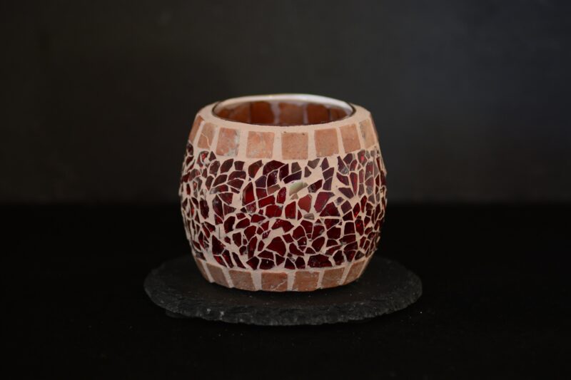 Mosaik Teelichtglas klein oval rot/marmor