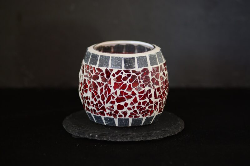 Mosaik Teelichtglas klein oval rot/graumarmor