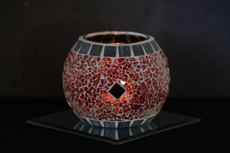 Mosaik Windlicht rund rot/graumarmor