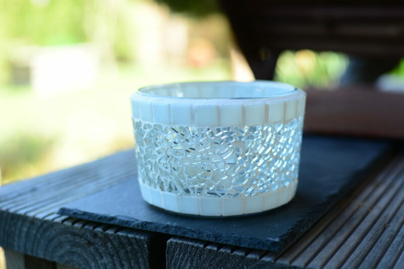 Mosaik Teelichtglas mittel transparent/weiß