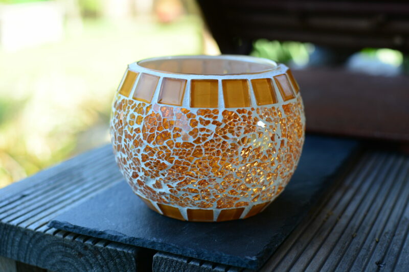 Crackle Teelichtglas rund orange