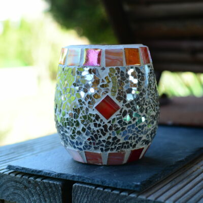 Windlicht oval grau/rotmix