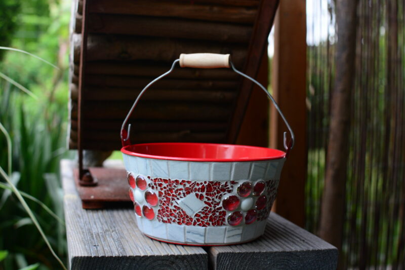 Mosaik Blumentopf rot graumix