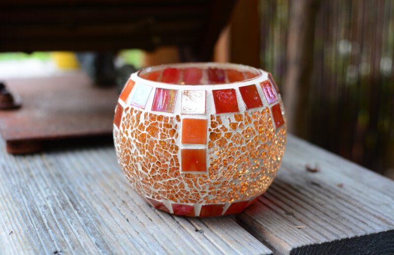 Crackle Teelichtglas rund orange/orangemix
