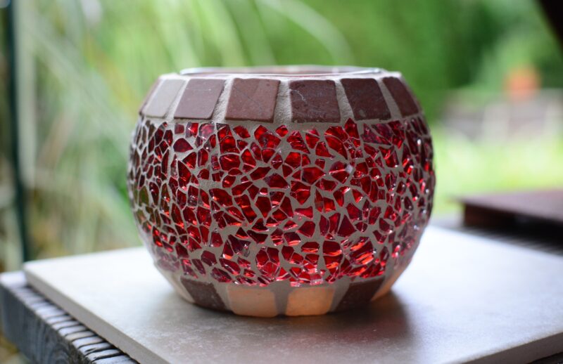 Crackle Teelichtglas rund rot/marmoriert
