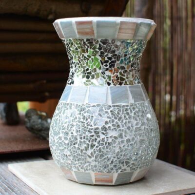Glasmosaik Windlicht Vase bauchig grau transparent