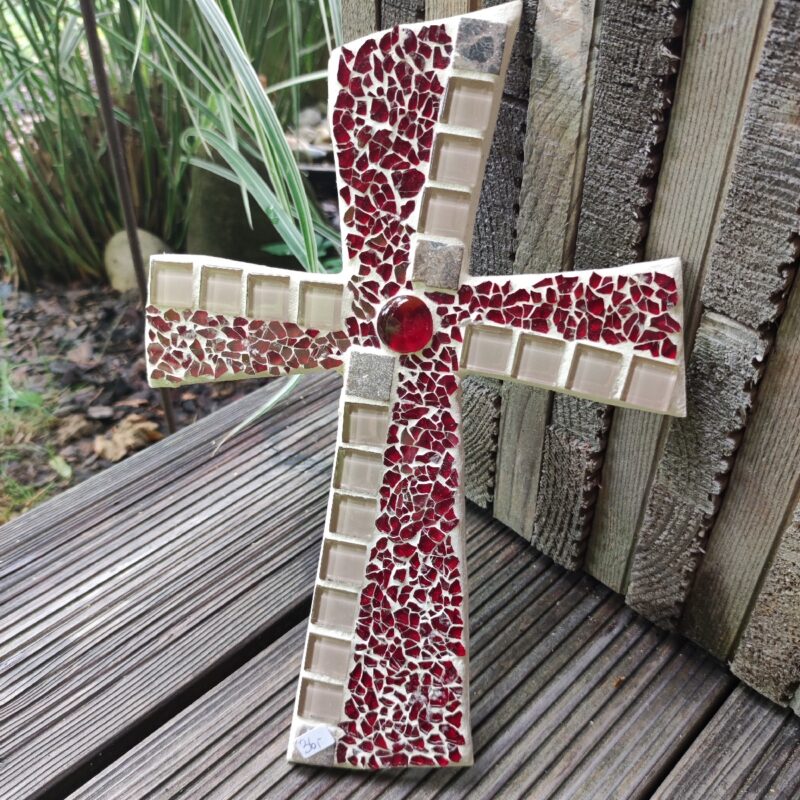 Mosaik Kreuz 25x18cm rot/hellgraumix