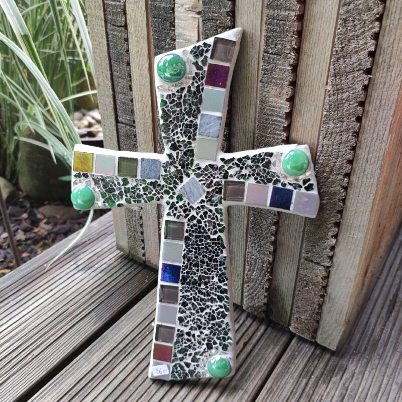 Mosaik Kreuz 25x18cm dunkelgrün/graumix