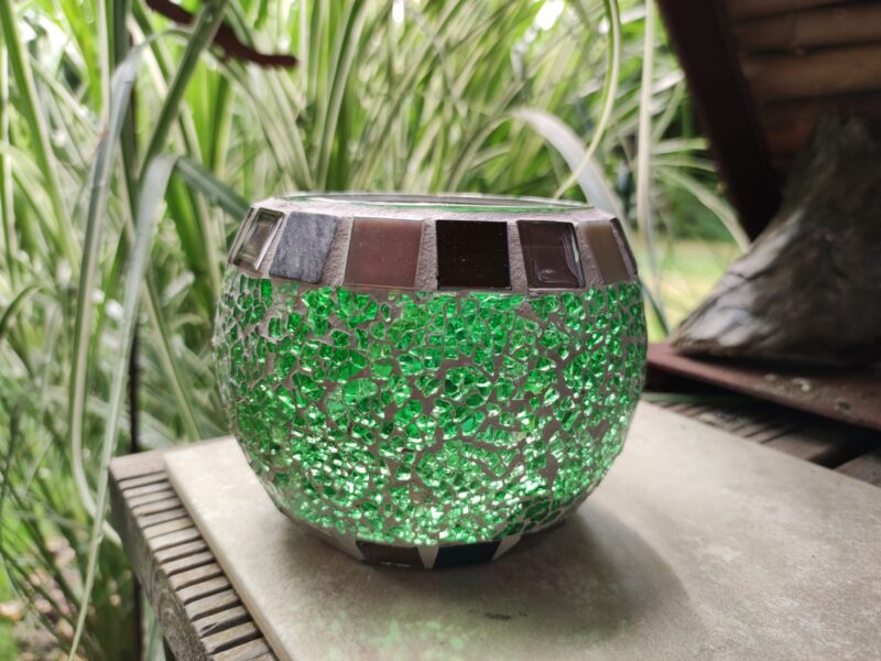 Crackle Teelichtglas rund grün/graumix